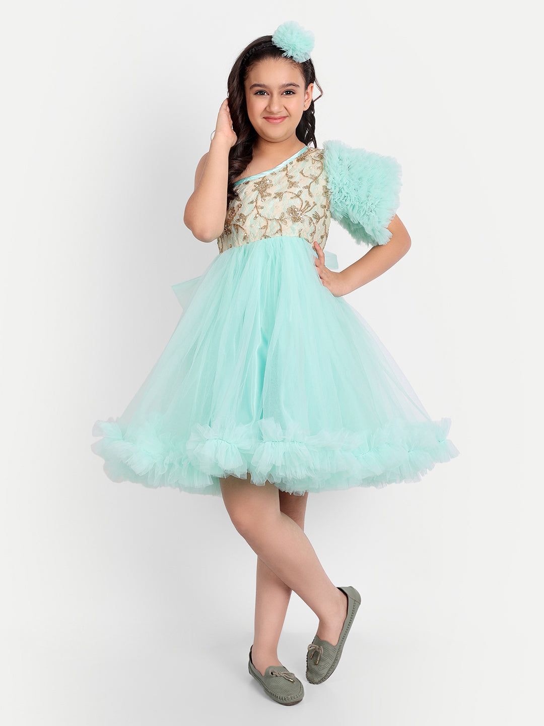 Girls Mint Green One-Shoulder Designer Party Dress