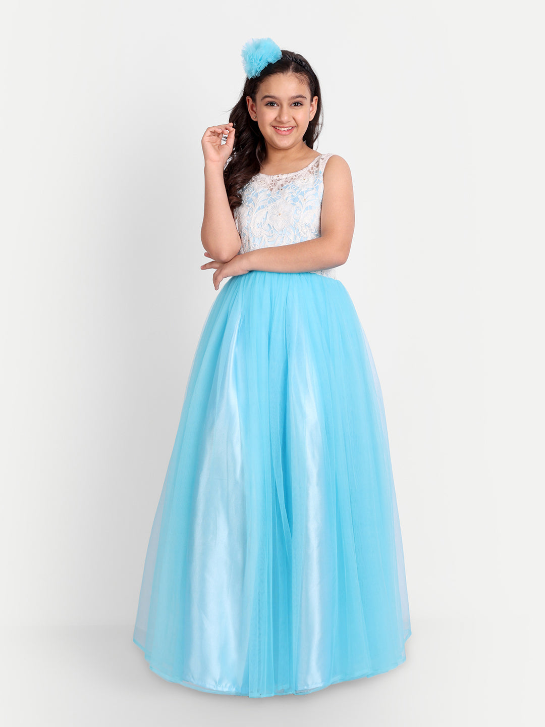 Sky Blue Princess Net Gown for Girls with Floral Lace Bodice