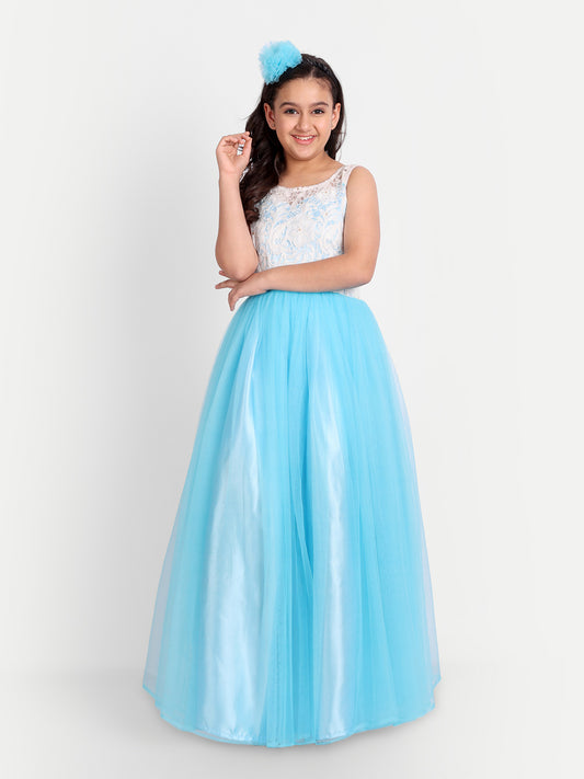 Sky Blue Princess Net Gown for Girls with Floral Lace Bodice