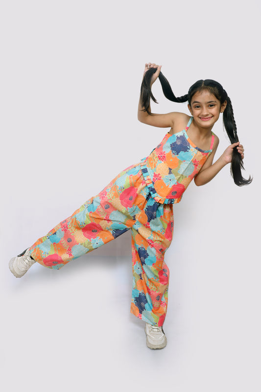 Girls Multicolor Floral Printed Jumpsuit with Wide Leg Fit