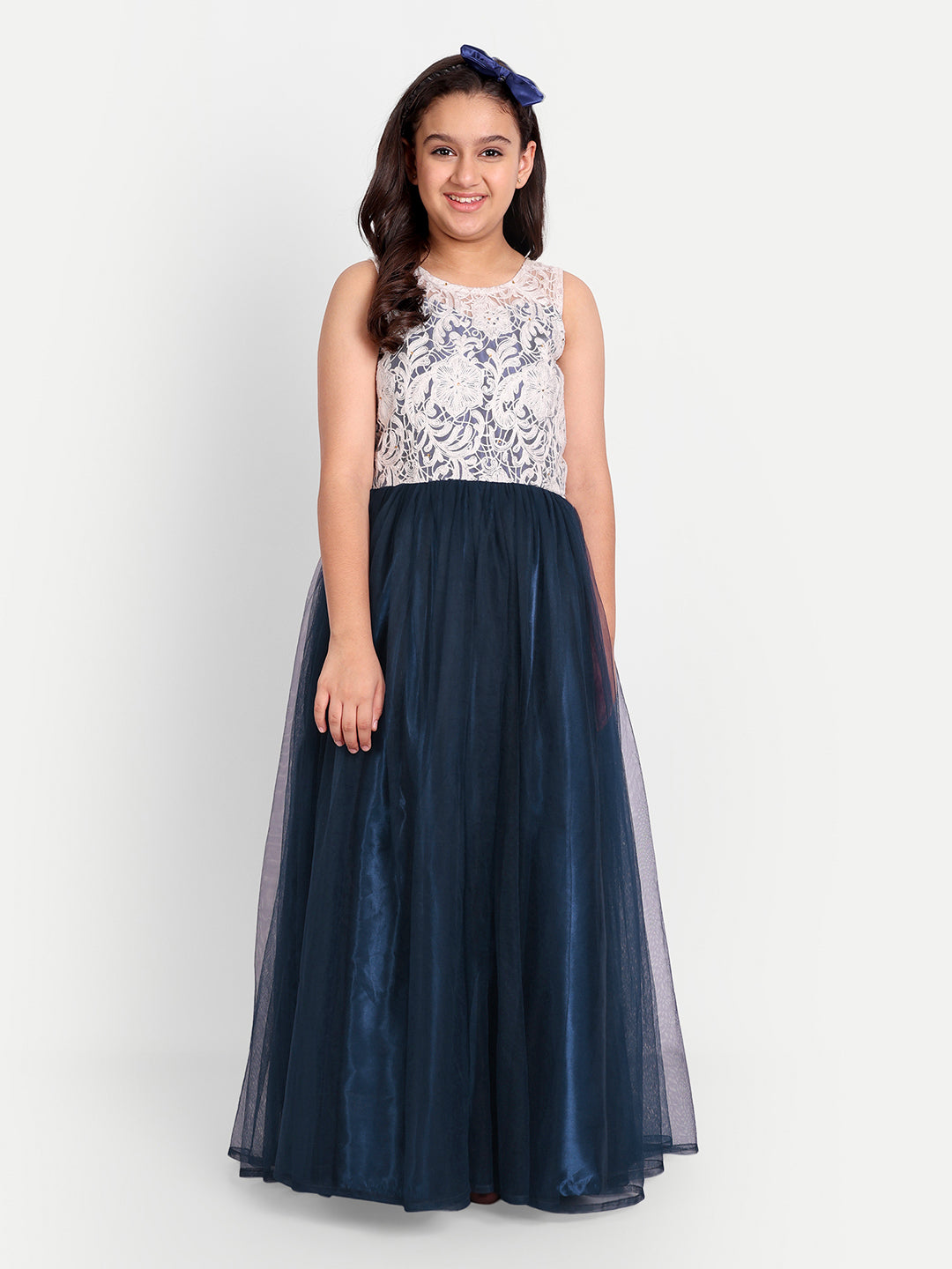 Elegant Navy Blue Net Gown for Girls with Floral Lace Design