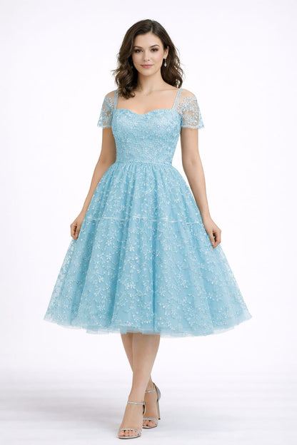 Dreamy Sky Blue Lace Midi Dress for Women