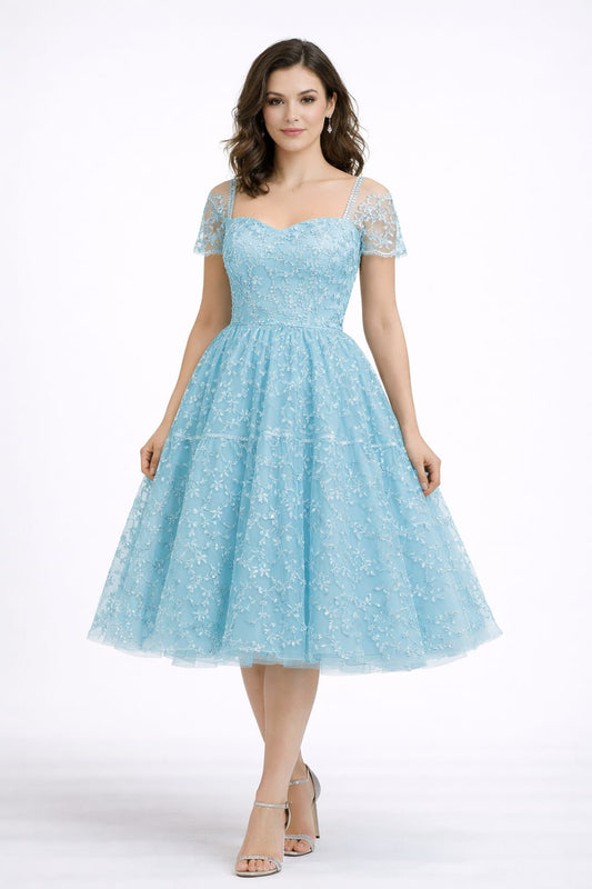 Dreamy Sky Blue Lace Midi Dress for Women