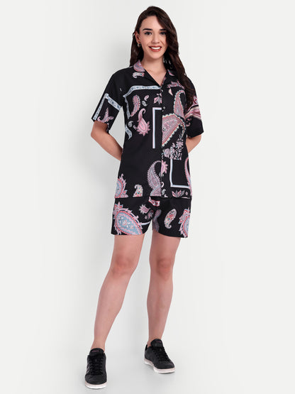 Women Casual Cord Set – Comfortable Summer Co-Ord Outfit black printed