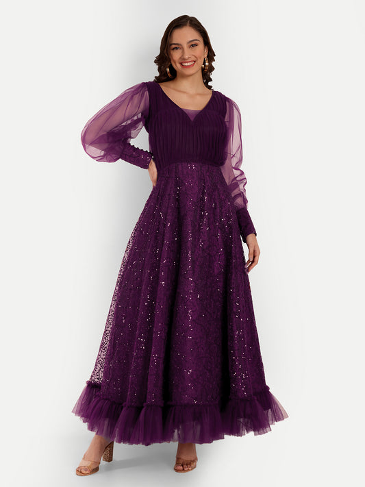 Royal Purple Sequin Net Anarkali Gown for Women