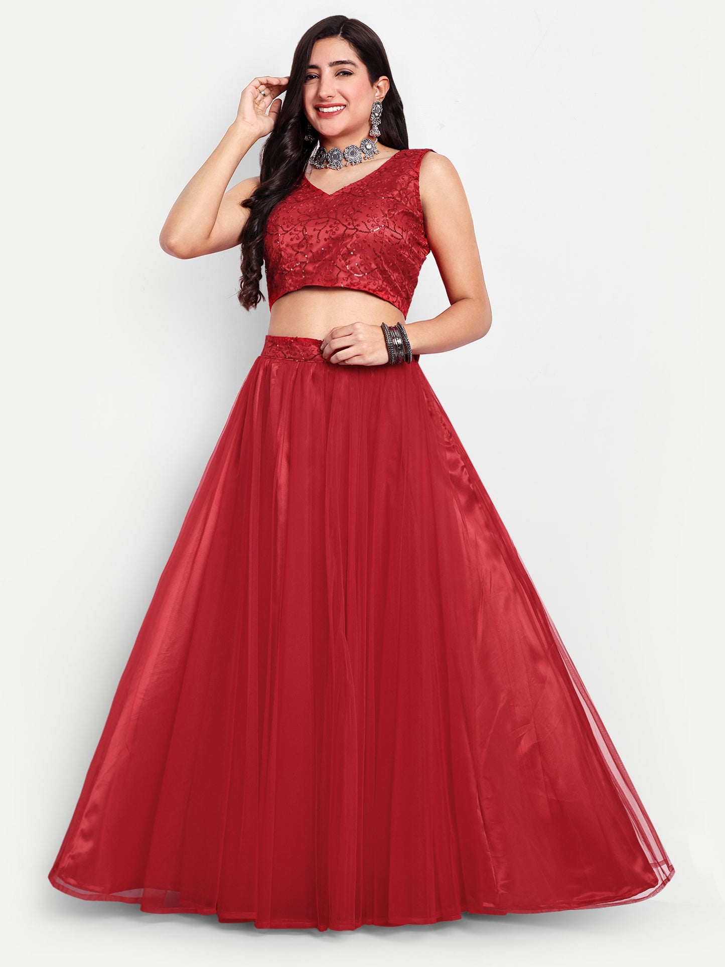 Elegant Women Flared Maxi Net Skirt red