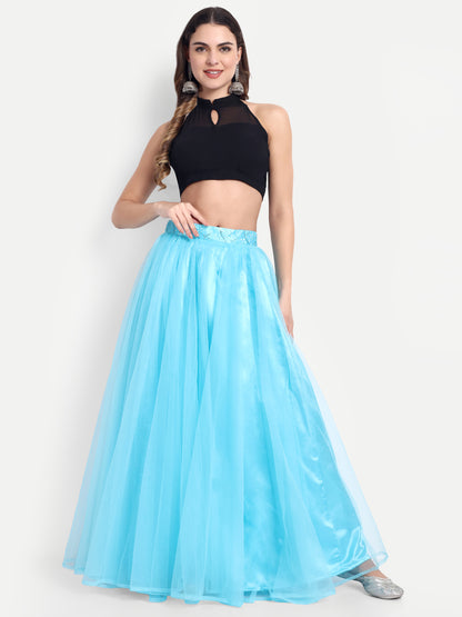 Elegant Women Flared Maxi Net Skirt blue