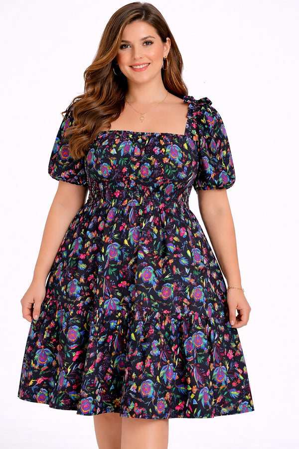 Black Floral Print Smocked Fit & Flare Dress for Women – Puff Sleeve Casual Party Dress