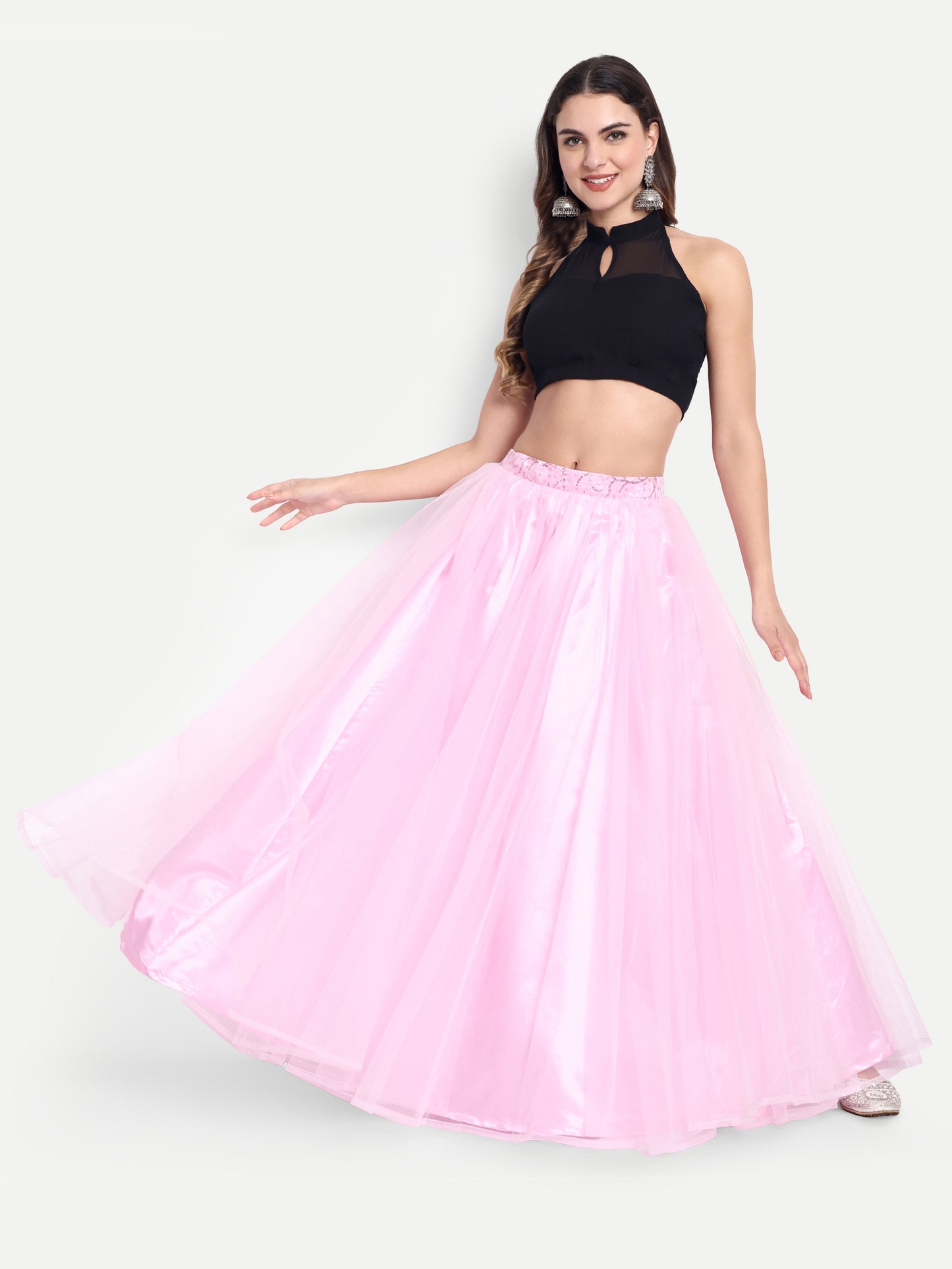 Elegant Women Flared Maxi Net Skirt pink