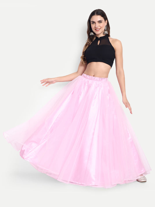 Elegant Women Flared Maxi Net Skirt pink