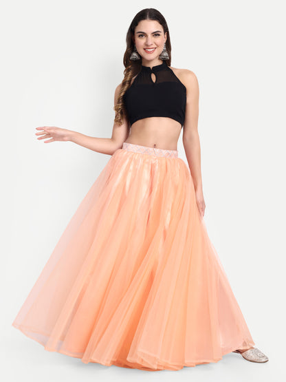 Elegant Women Flared Maxi Net Skirt peach