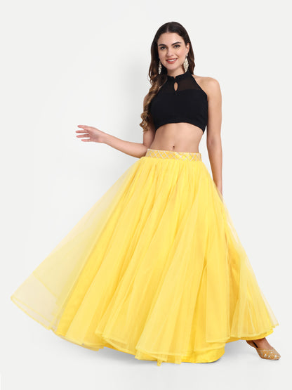 Elegant Women Flared Maxi Net Skirt yellow