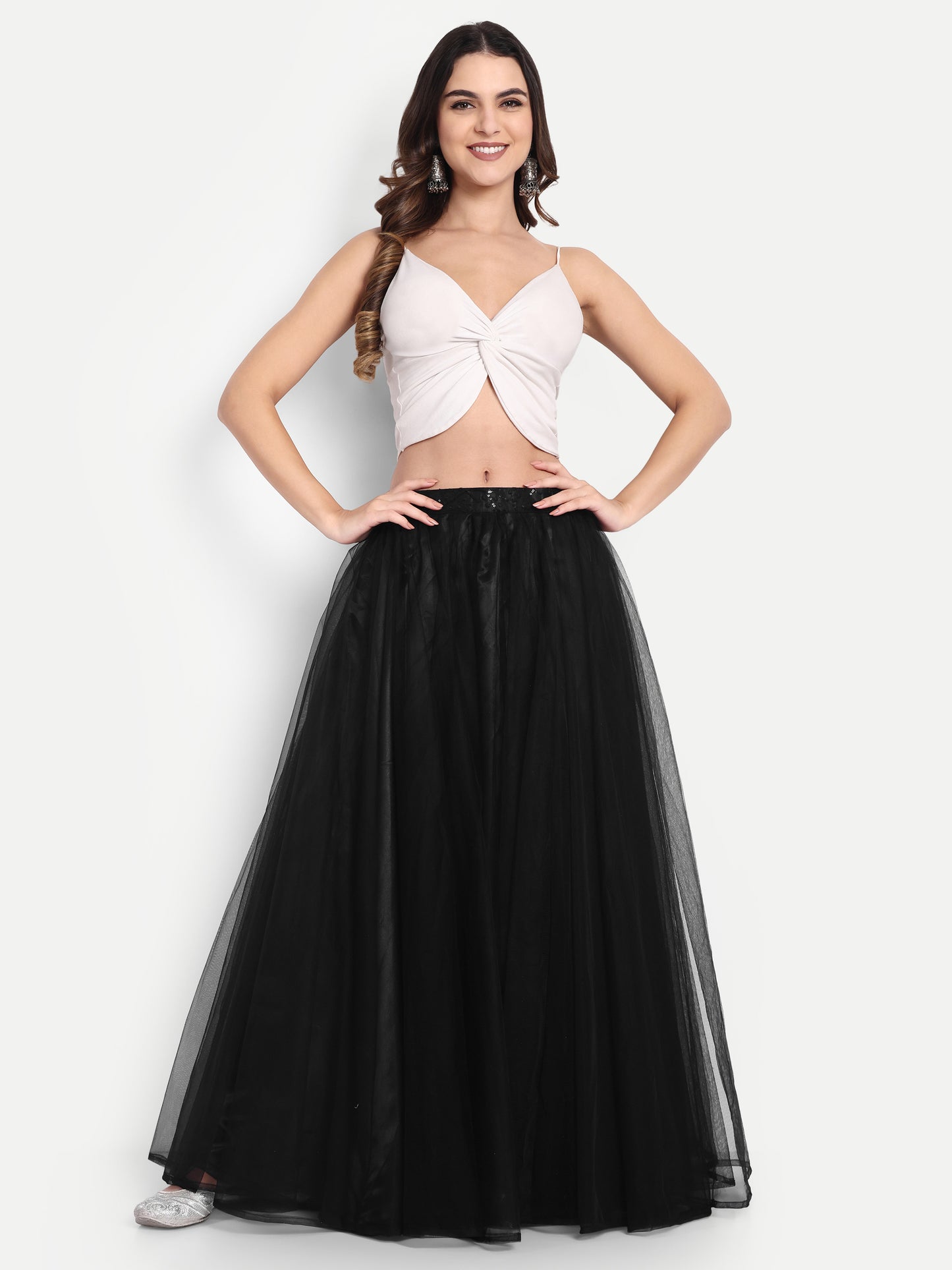 Elegant Women Flared Maxi Net Skirt black