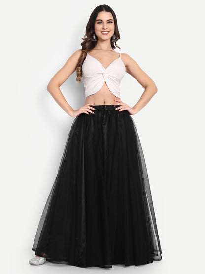 Elegant Women Flared Maxi Net Skirt black