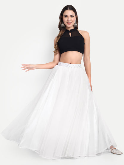 Elegant Women Flared Maxi Net Skirt white