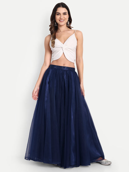 Elegant Women Flared Maxi Net Skirt navy blue