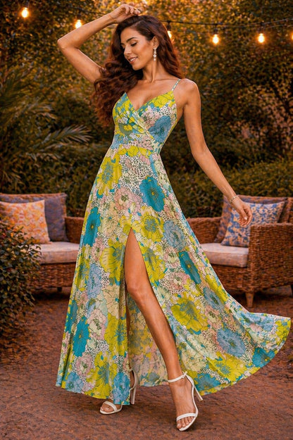 Blue & Yellow Floral Side Slit Maxi Dress for Women – Elegant Summer Vacation Dress