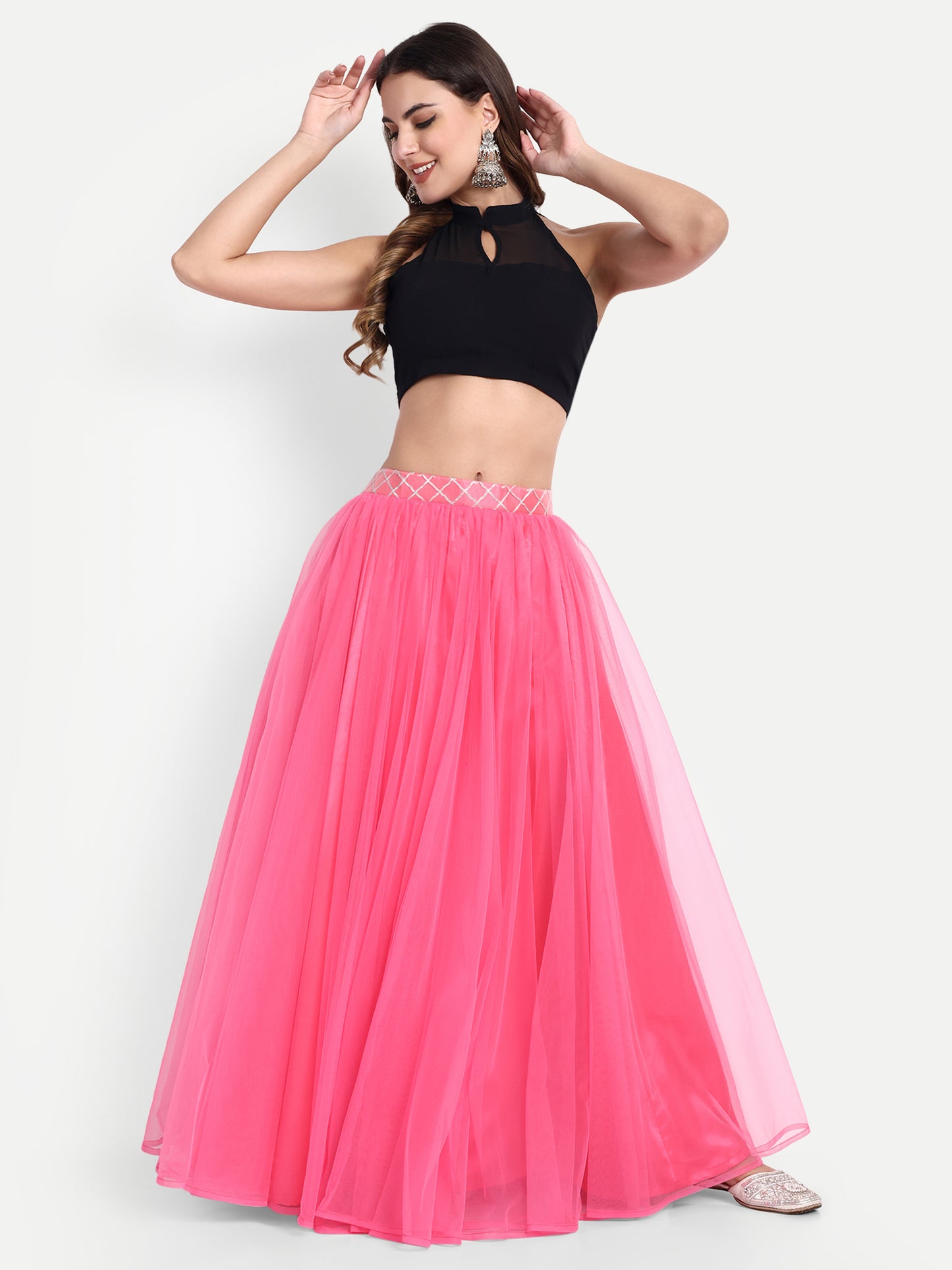 Elegant Women Flared Maxi Net Skirt pink