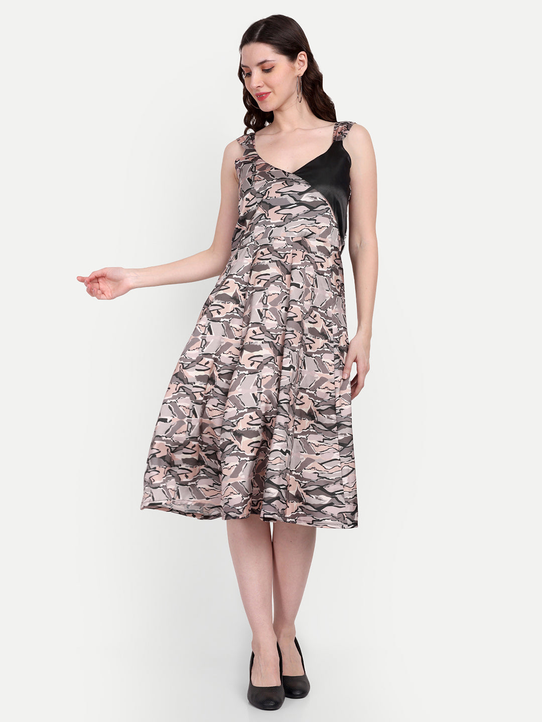Elegant Women Printed Silk Fit & Flare Dress – Stylish Casual & Festive Wear