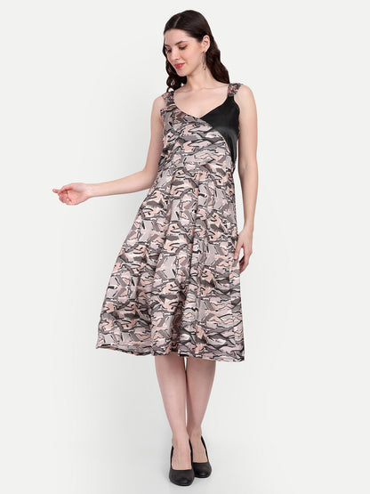 Elegant Women Printed Silk Fit & Flare Dress – Stylish Casual & Festive Wear