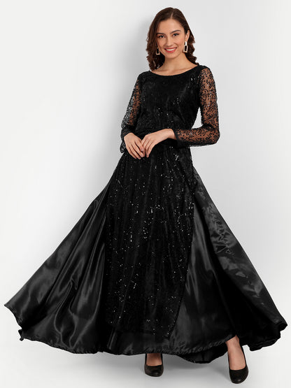 Midnight Black Sequin Designer Flared Gown for Women