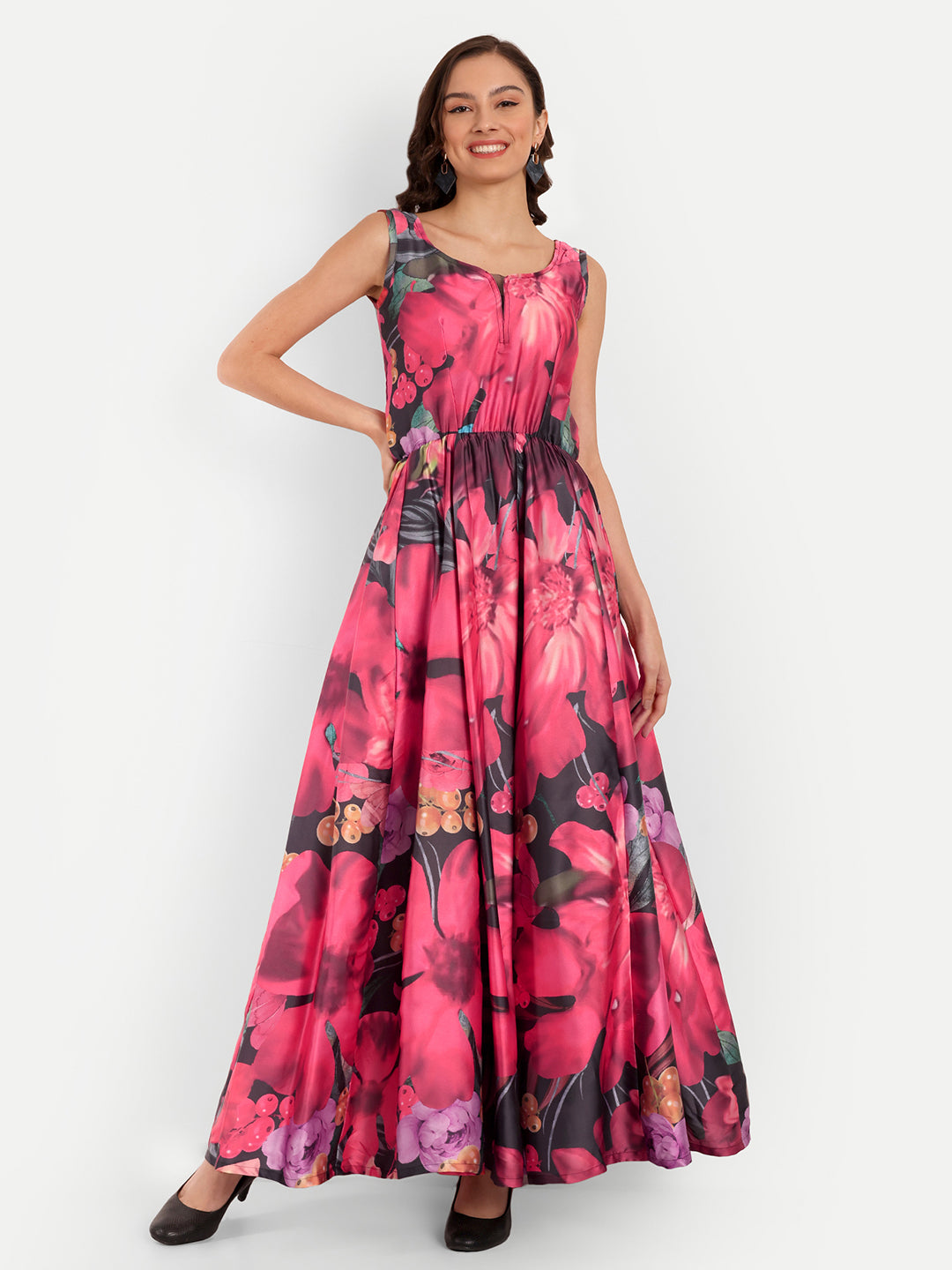 Elegant Women Floral Printed Sleeveless Satin Maxi Dress – Stylish Party, Vacation & Evening Wear