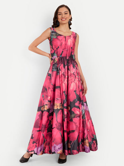 Elegant Women Floral Printed Sleeveless Satin Maxi Dress – Stylish Party, Vacation & Evening Wear