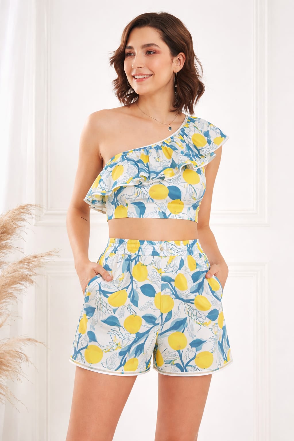 Trendy Women Floral Print Cord Set – Crop Top & Wrap Skort Co-Ord Set yellow and blue floral