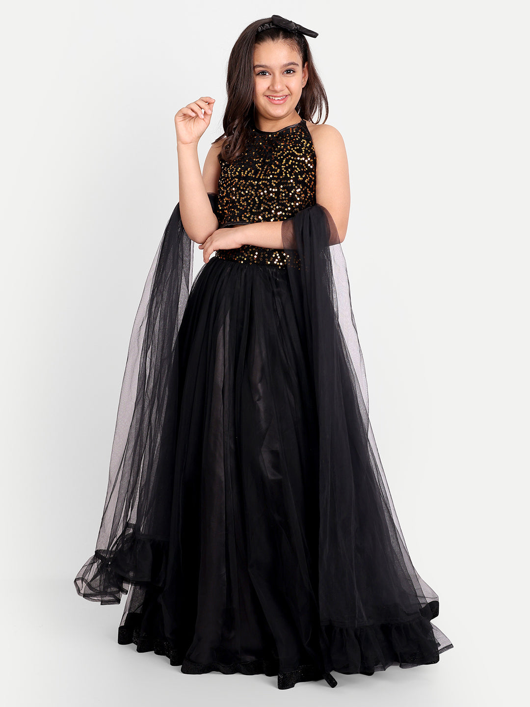 Black Sequin Party Lehenga Set for Girls