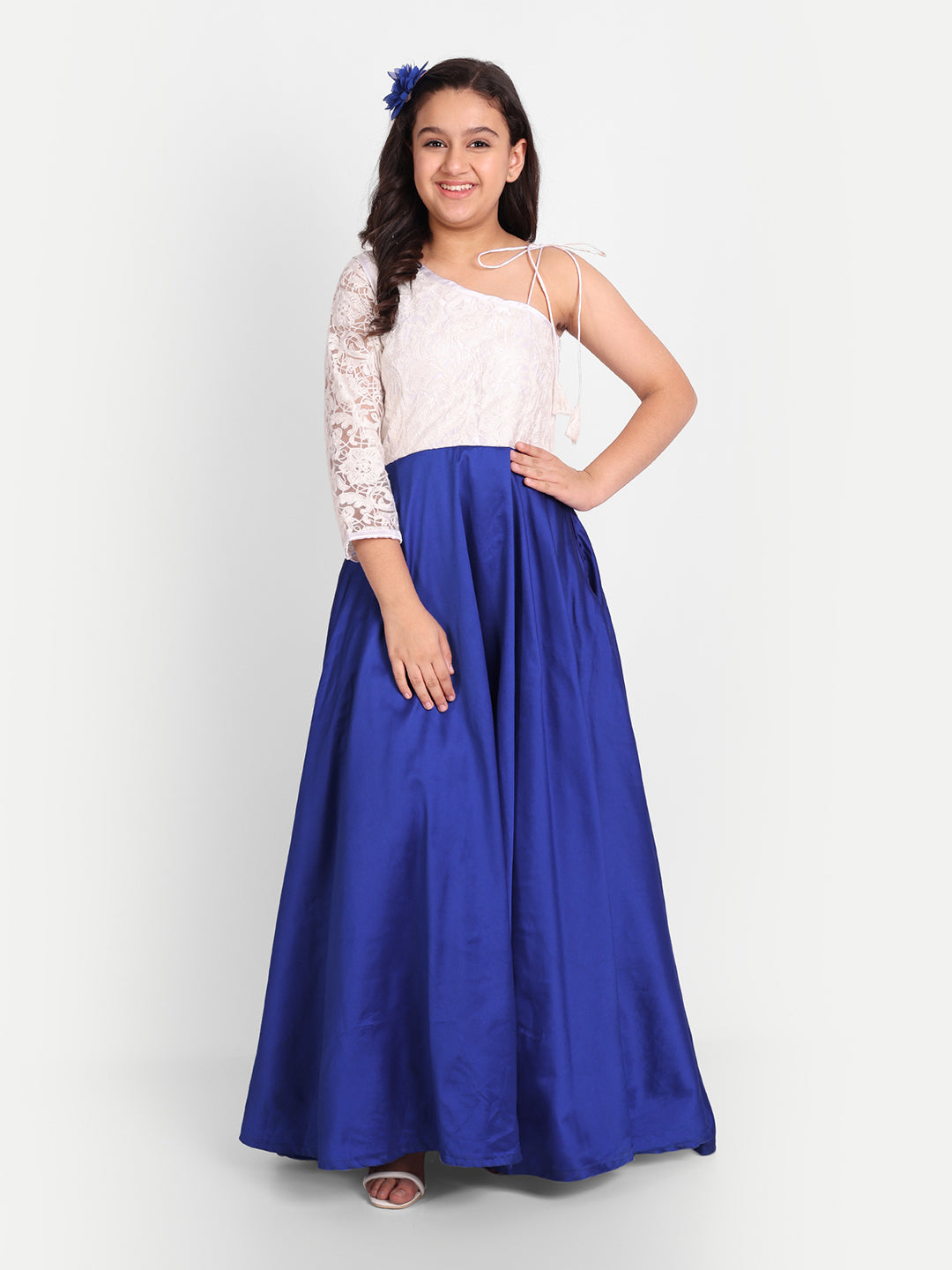 Royal Blue One-Shoulder Girls Gown with Lace Sleeve Design