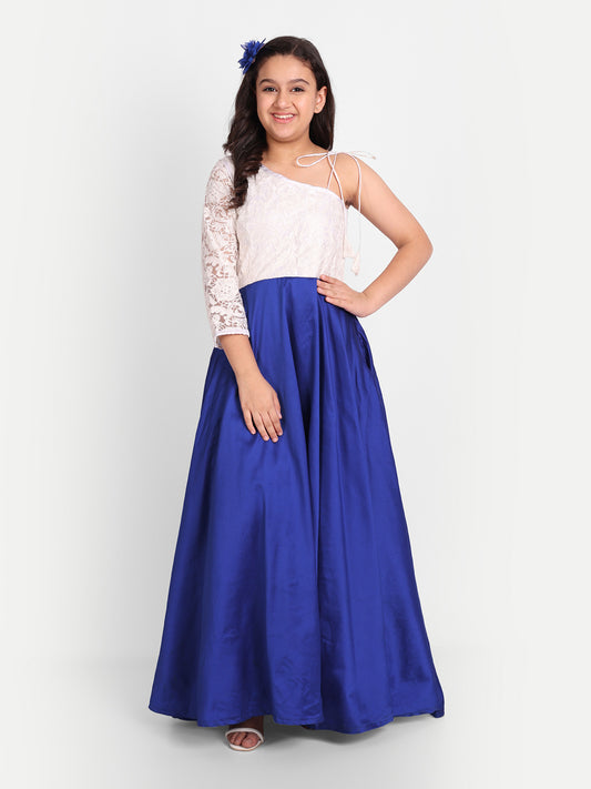 Royal Blue One-Shoulder Girls Gown with Lace Sleeve Design