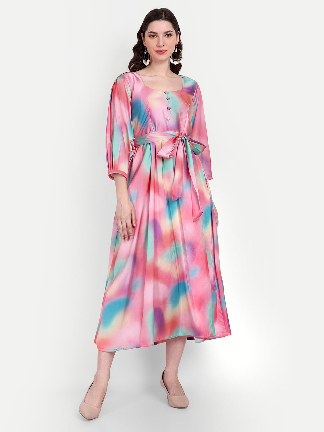 Elegant Women Printed Silk Maxi Fit & Flare Dress – Stylish Festive & Occasion Wear