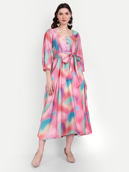 Elegant Women Printed Silk Maxi Fit & Flare Dress – Stylish Festive & Occasion Wear