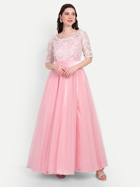 Elegant Women Embellished Sequined Boat Neck Fit & Flare Maxi Dress – Designer Party & Evening Gown