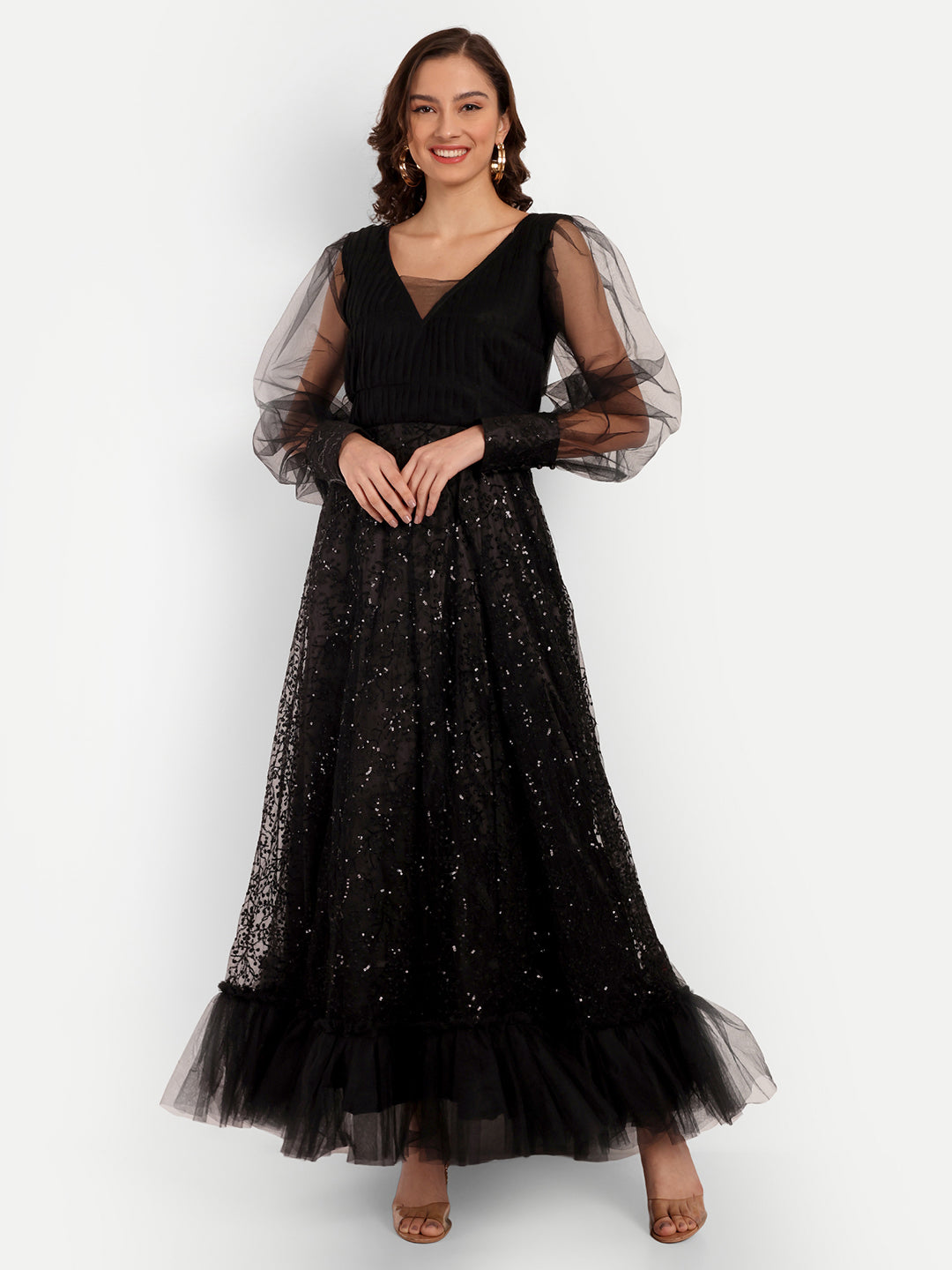 Elegant Women Ethnic Motifs Printed Silk & Net Dress – Festive & Party Wear