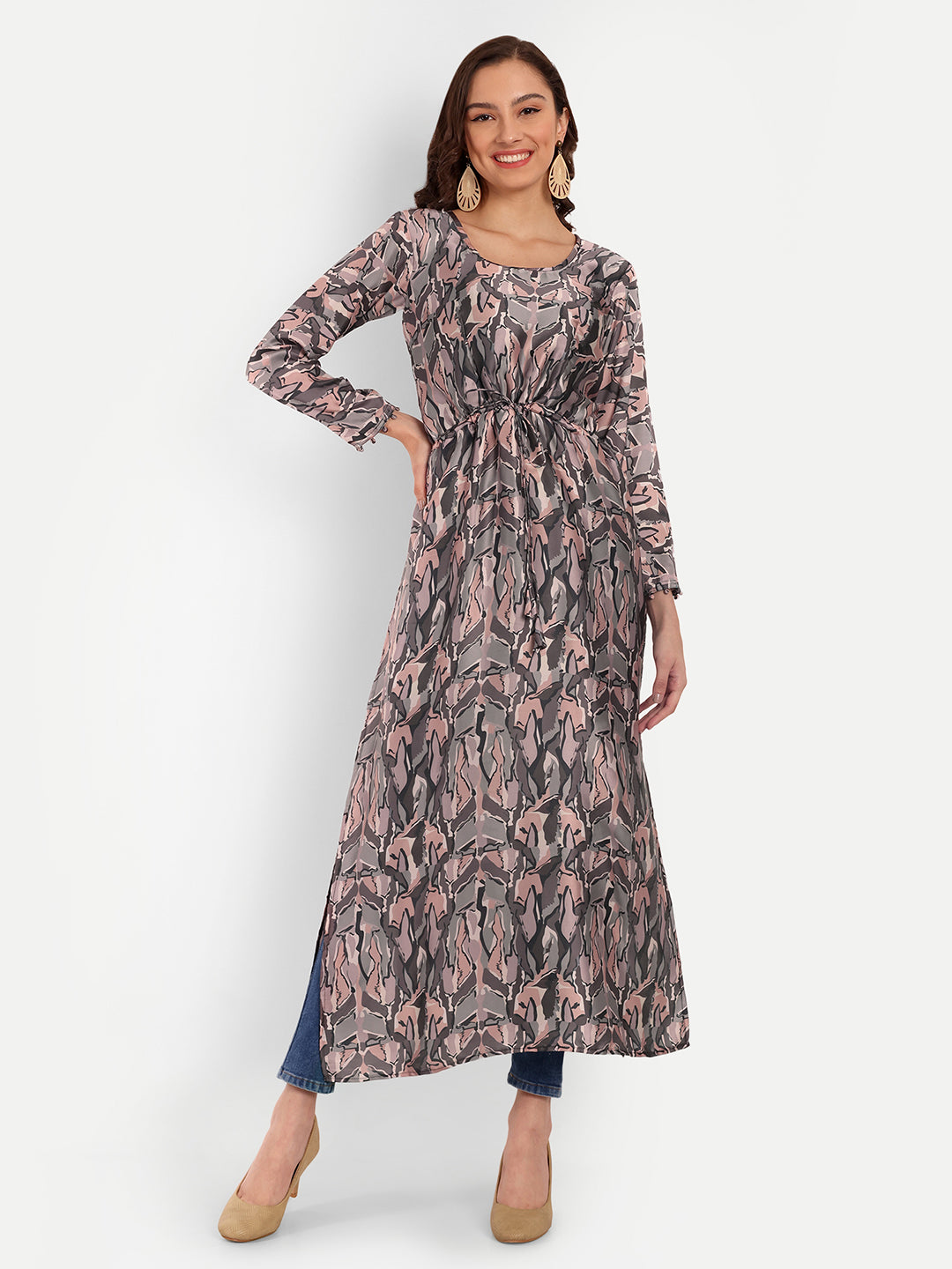 Elegant Women Abstract Printed Silk High Slit Kurta Dress – Round Neck Fusion Ethnic Wear