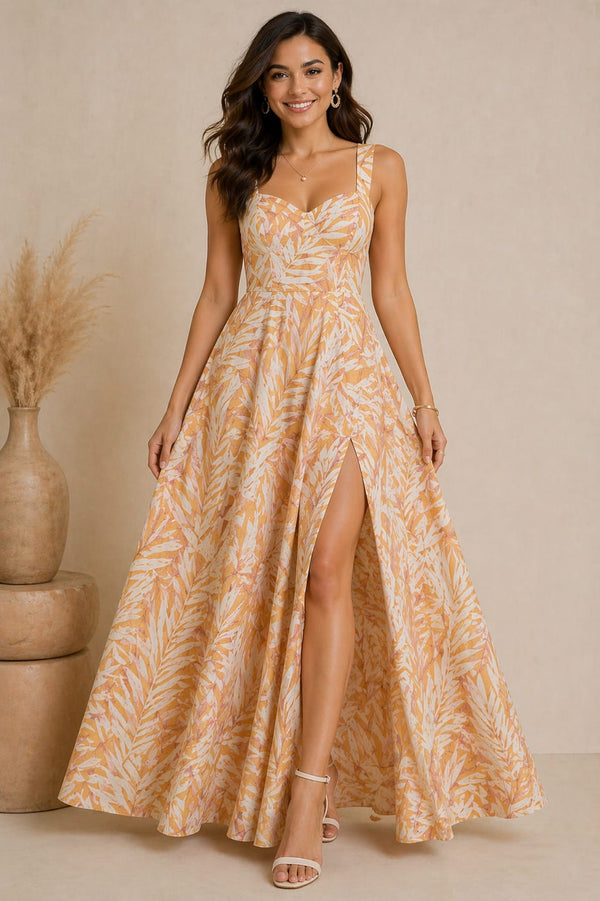 Elegant Peach Tropical Print Maxi Dress with High Slit