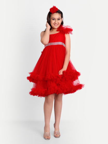 Girls Red One-Shoulder Frill Party Dress