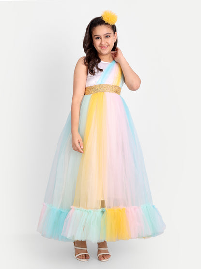 Pastel Rainbow One-Shoulder Tulle Gown for Girls
