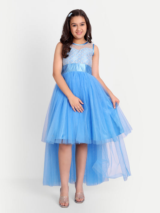 Sky Blue High-Low Tulle Party Gown for Girls with Embellished Bodice