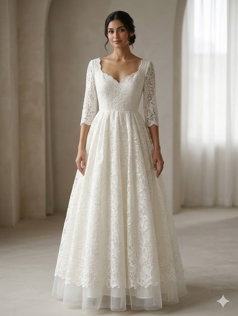 Elegant Ivory Lace Bridal Gown for Women – Romantic A-Line Wedding Dress with Sweetheart Neckline