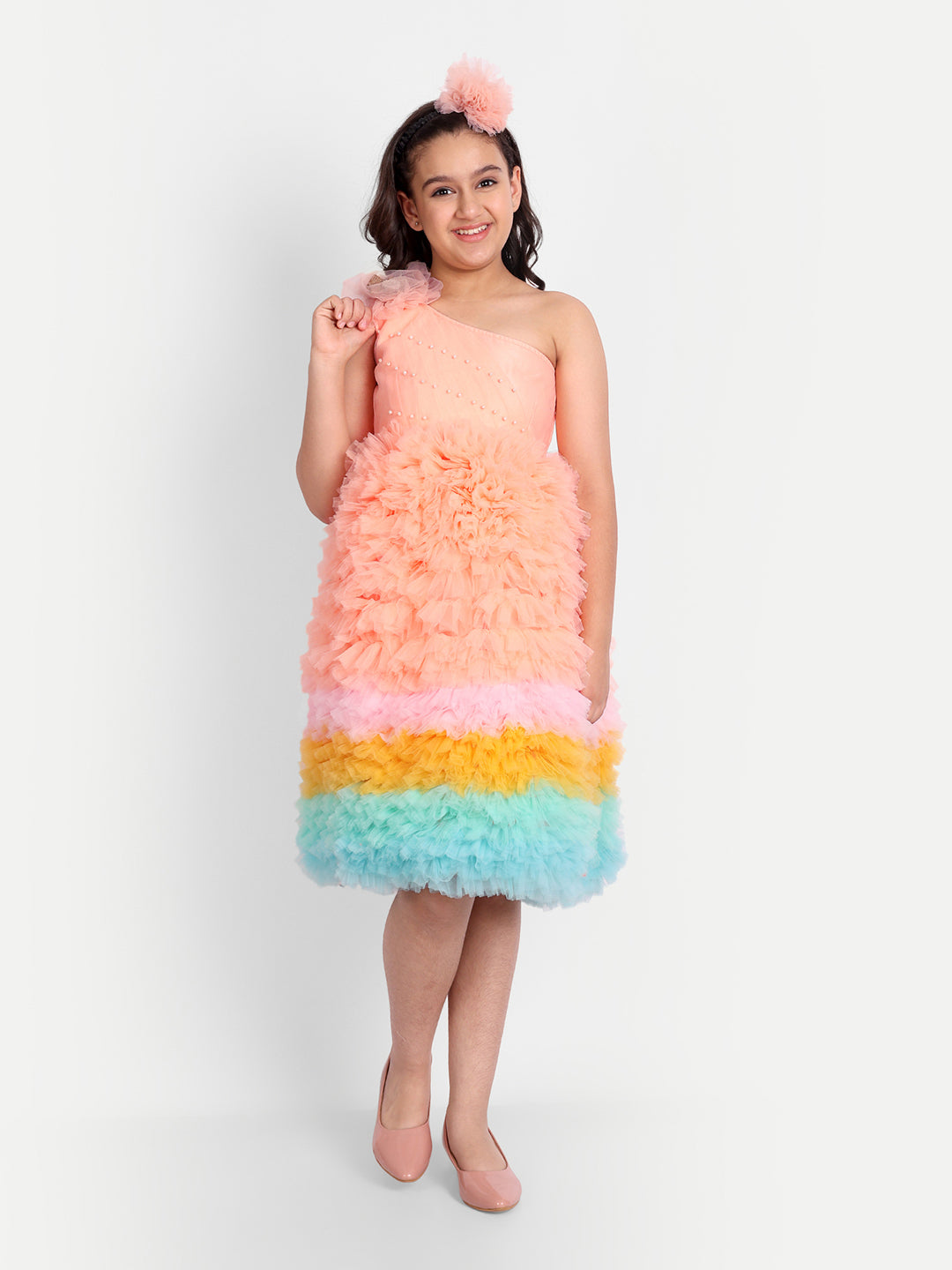 Peach Rainbow Layered Ruffle One-Shoulder Party Dress for Girls