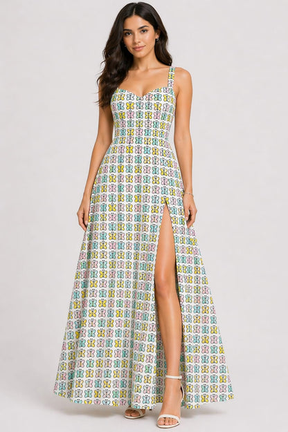 Women’s White Butterfly Print Maxi Dress with Front Slit