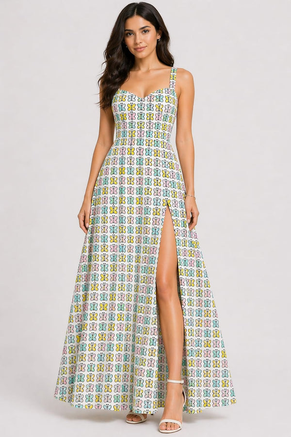 Women’s White Butterfly Print Maxi Dress with Front Slit