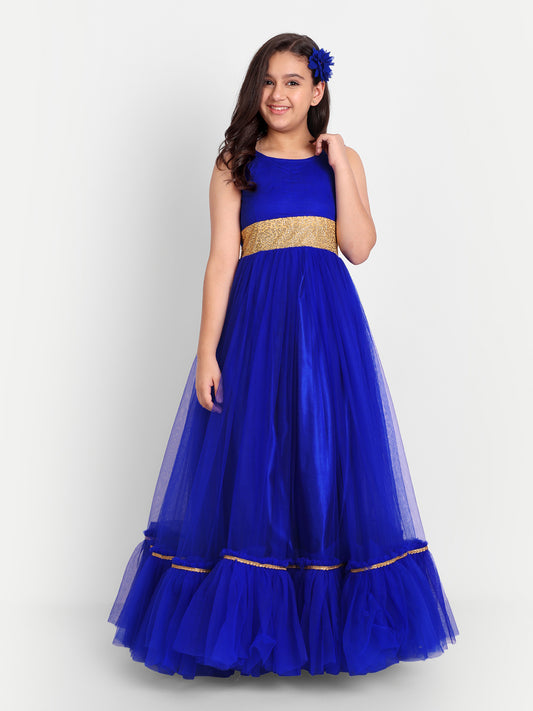 Royal Blue Net Party Gown for Girls with Golden Waist Embellishment