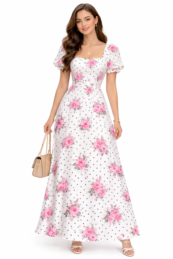 Blush Bloom Floral Maxi Dress for Women – White Pink Rose Print Puff Sleeve Long Dress