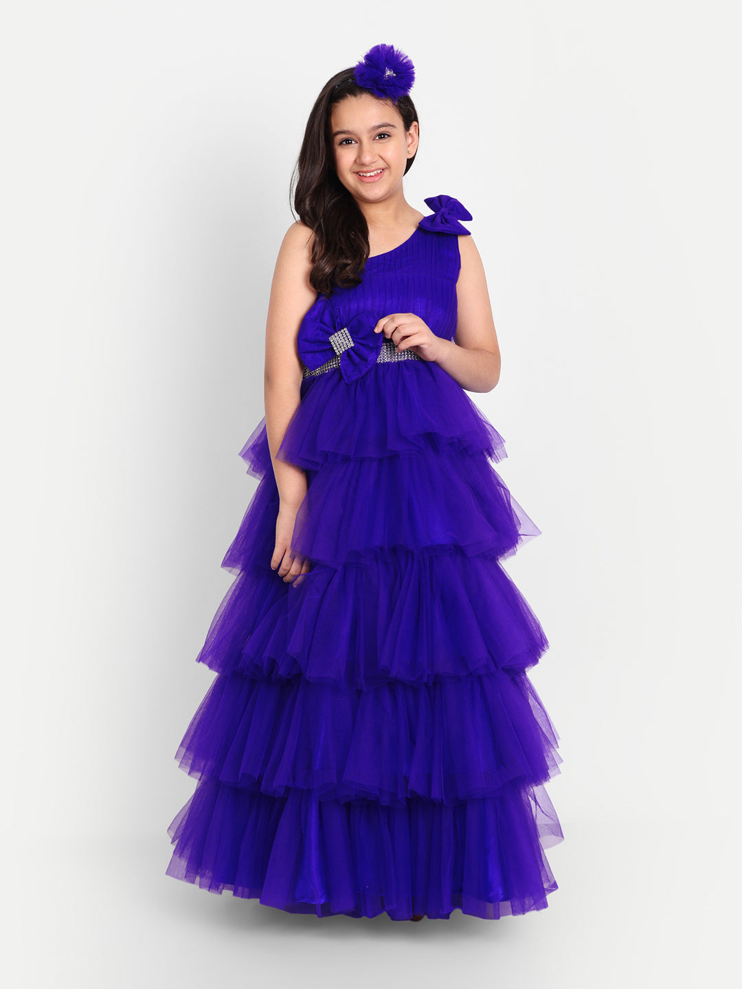 Royal Purple Layered Ruffle Gown for Girls with One-Shoulder Design