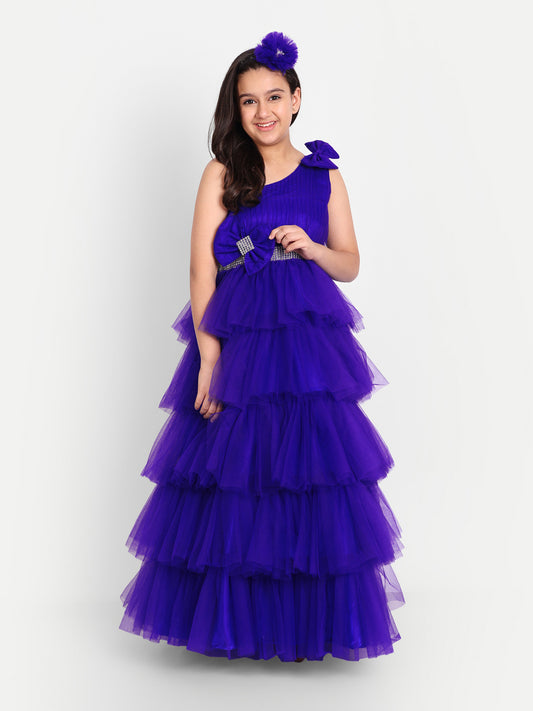 Royal Purple Layered Ruffle Gown for Girls with One-Shoulder Design