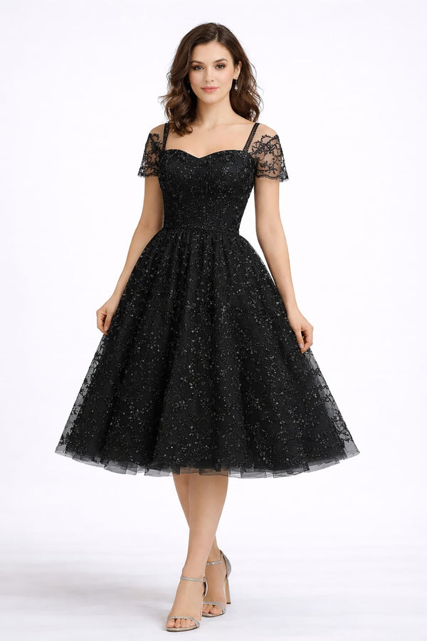 Elegant Black Embroidered Off-Shoulder Tulle Midi Dress for Women – Party & Evening Wear