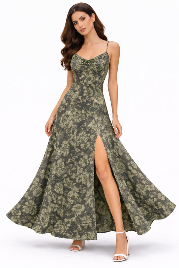 Women’s Olive Green Floral Print Maxi Dress with High Slit